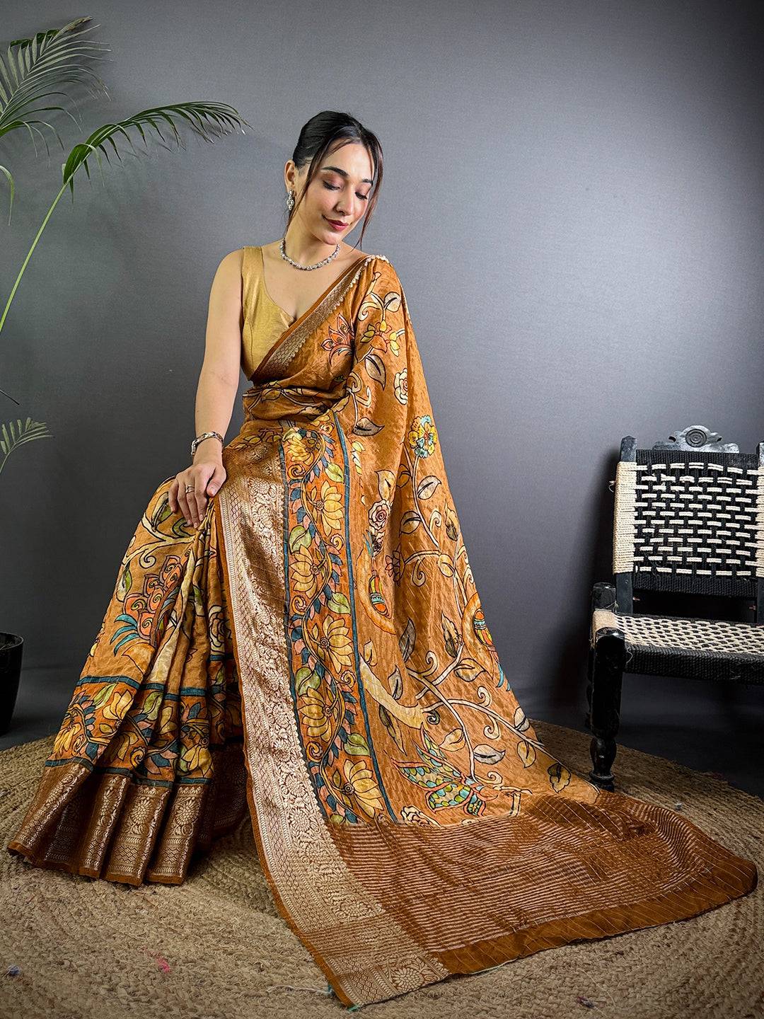 Bronze Kalalmkari Printed Viscose Saree