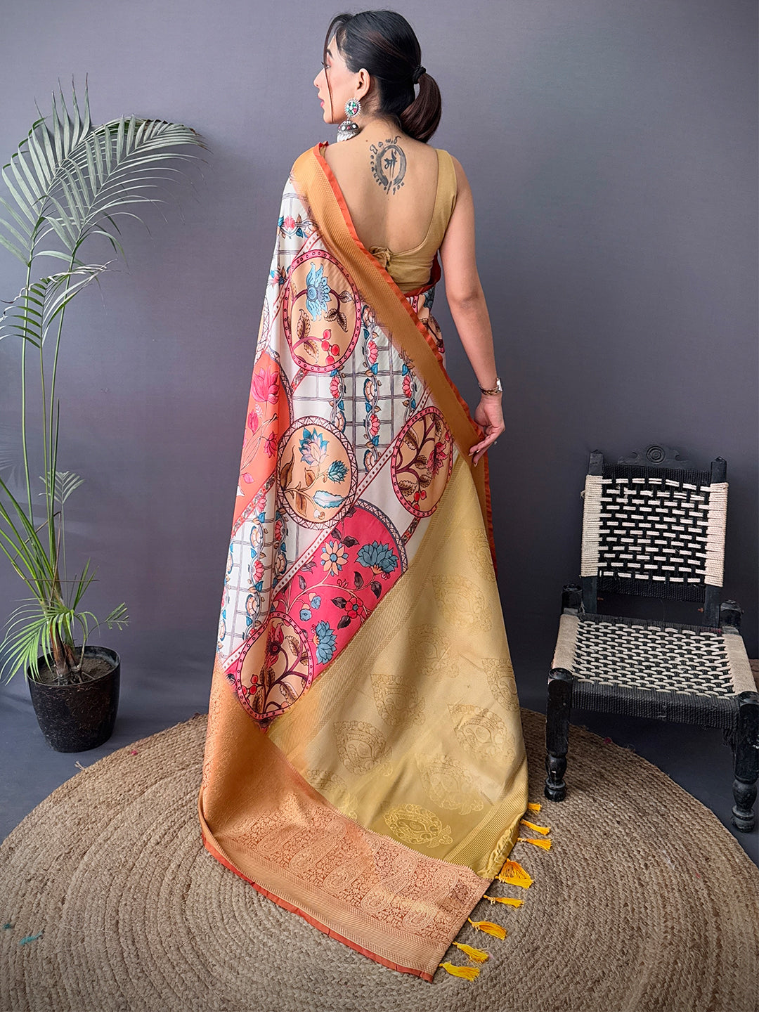 Elegant Cherry Satin Kalamkari Printed Saree