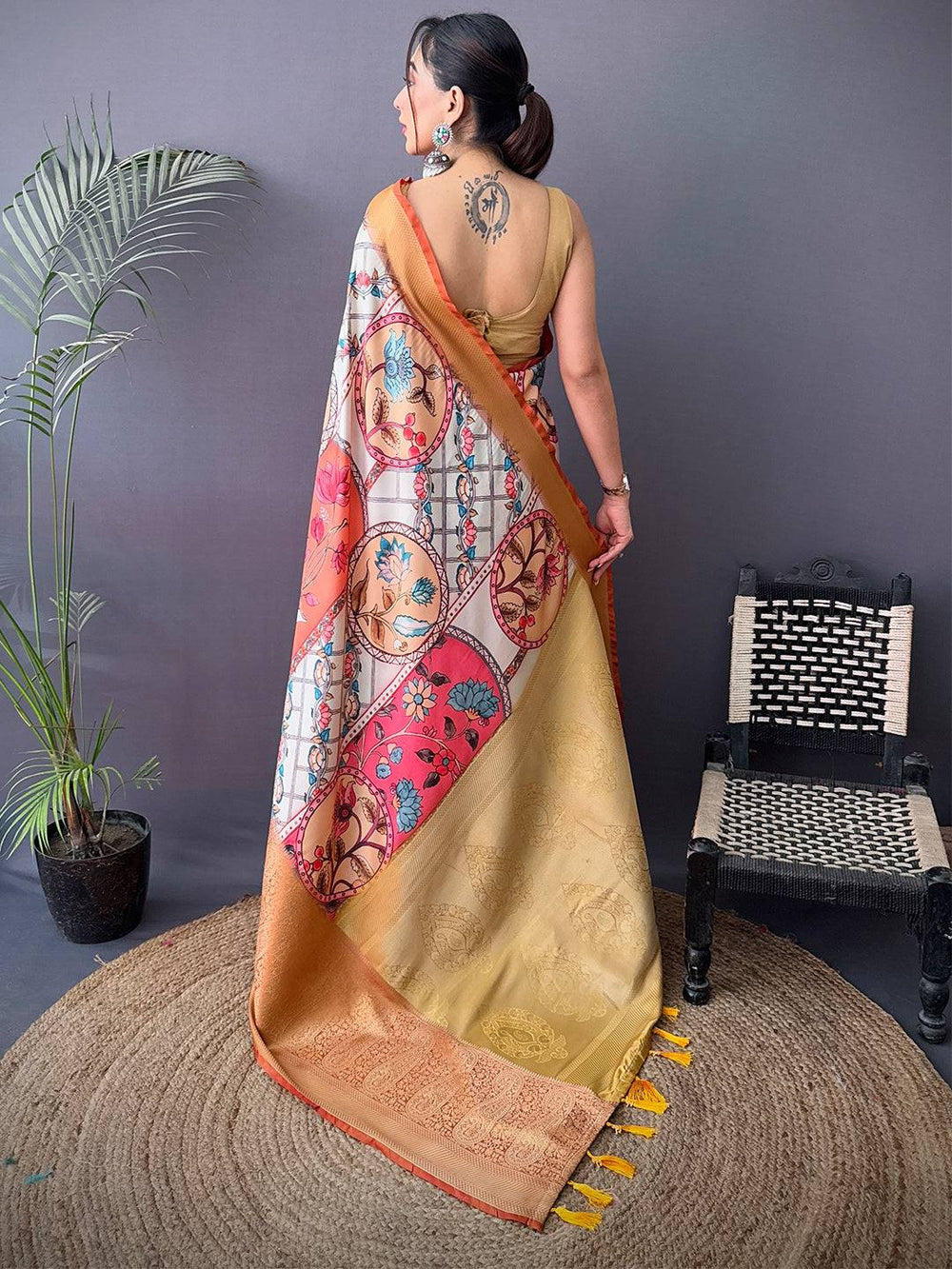 Elegant Cherry Satin Kalamkari Printed Saree