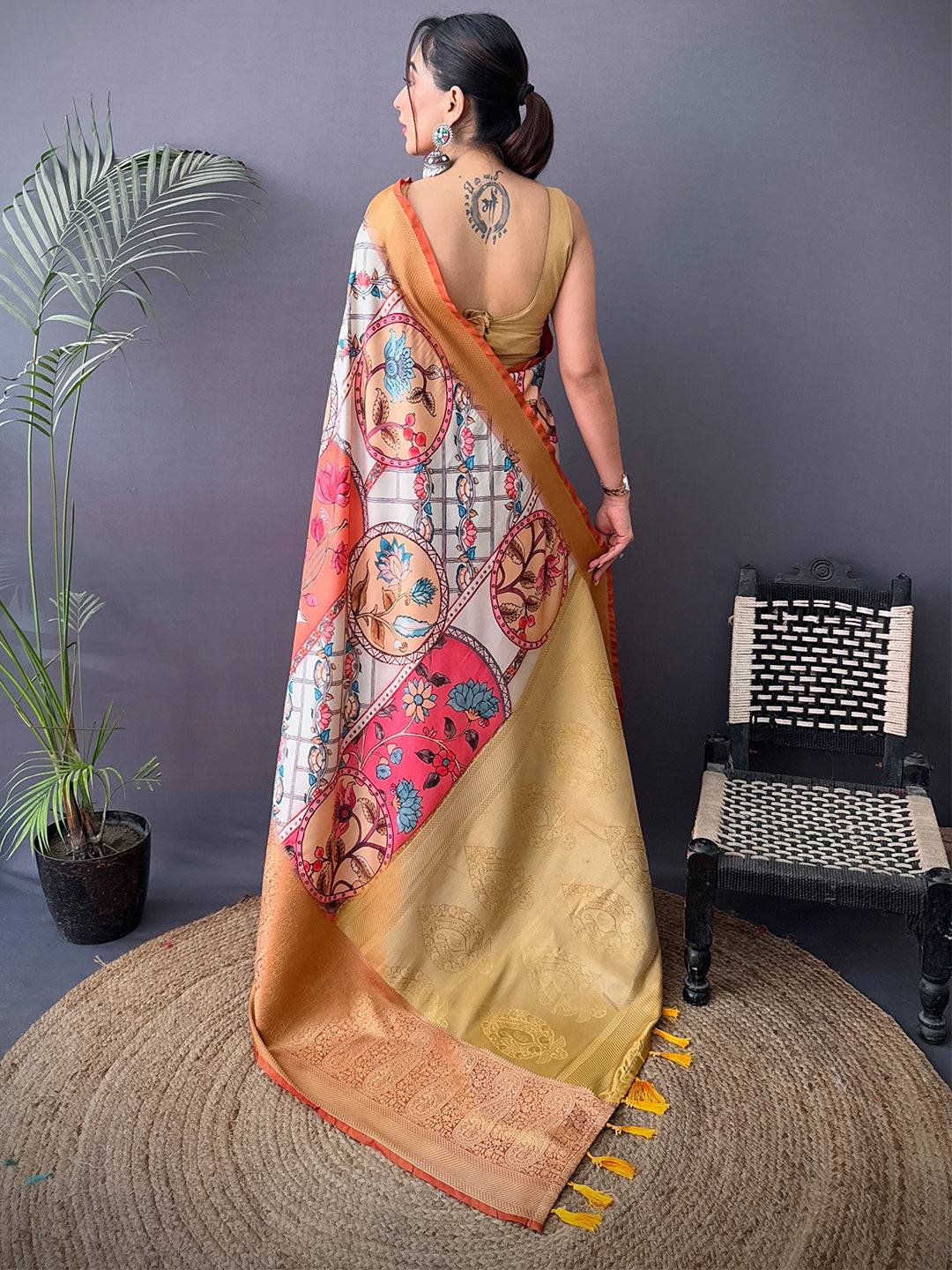 Elegant Cherry Satin Kalamkari Printed Saree