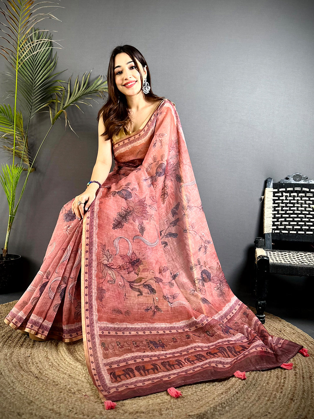 Opulent Dark Floral Linen Saree