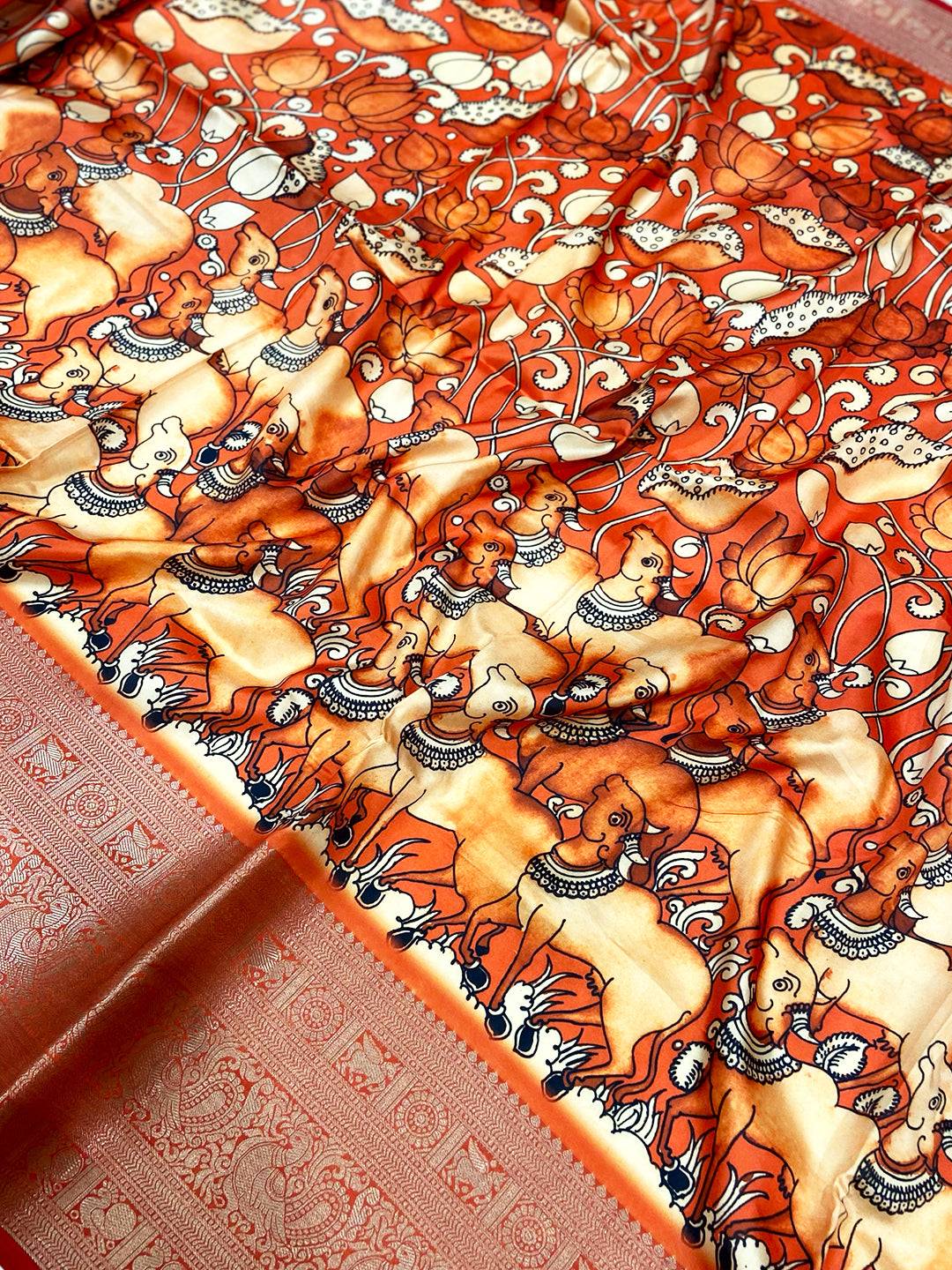 Orange Digital Kalamkari Banarasi Saree