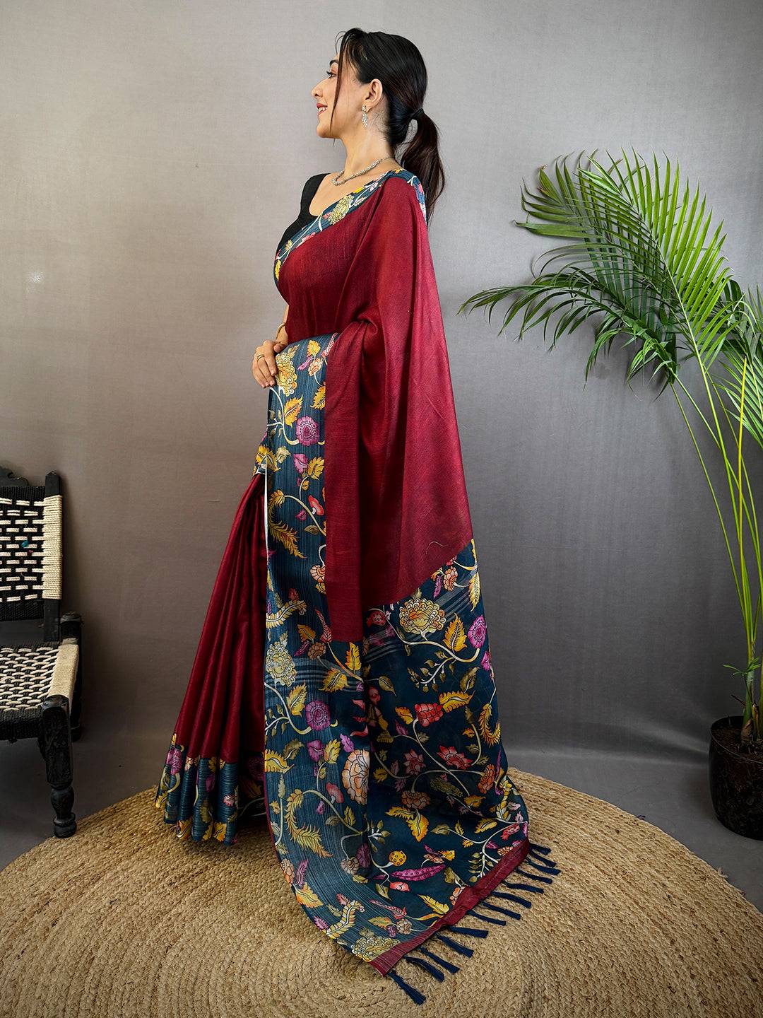 Red Linen Kalamkari Print Saree