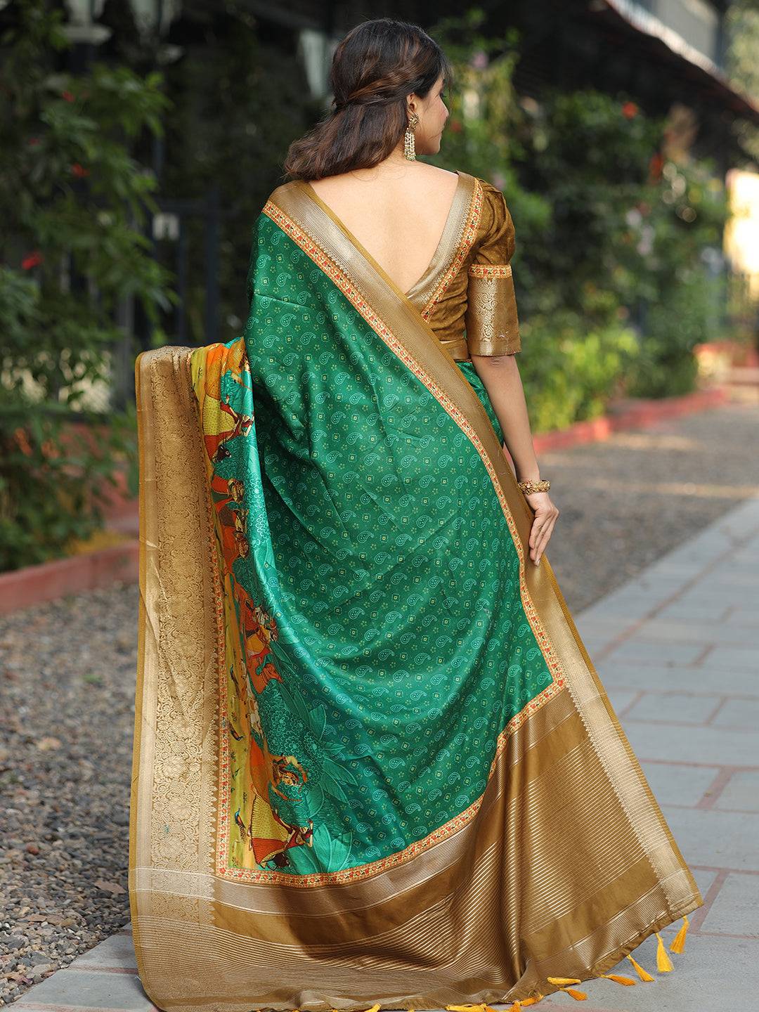 Viscose Dola Silk Turquoise Saree with Floral & Mughal Print
