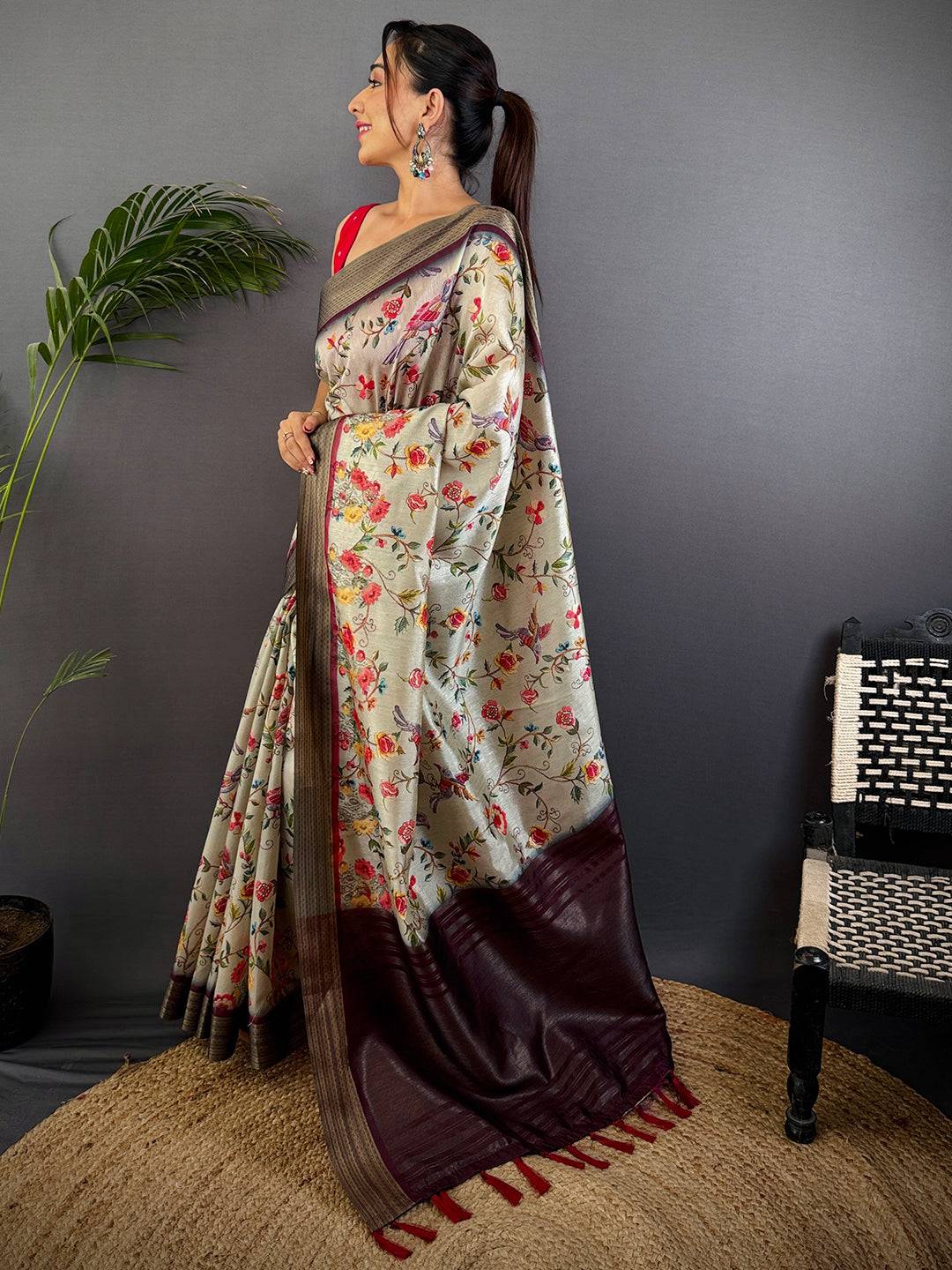 Grey Tussar Silk Digital Print Saree