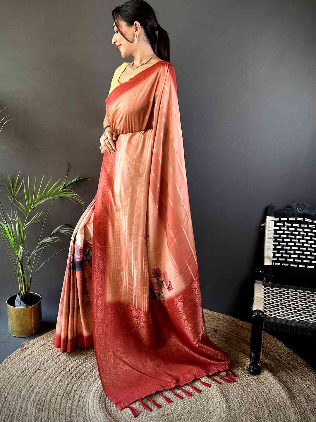 Peach Kalamkari Ombre Crepe Silk Saree