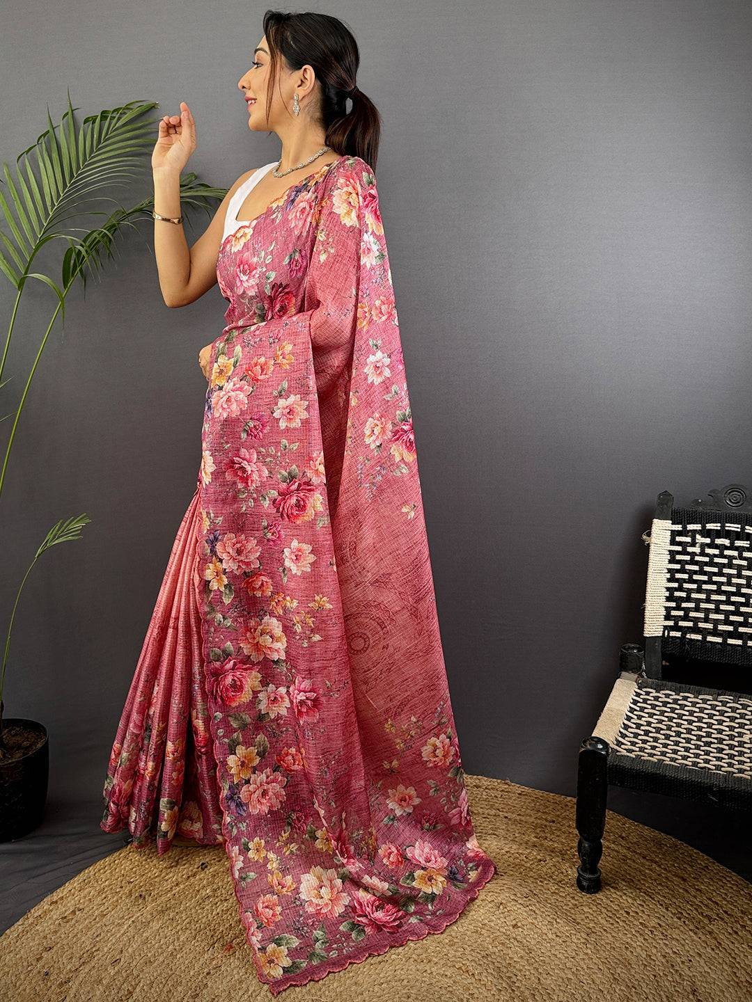 Rose Pink Kota Floral Digital Cut Work Saree