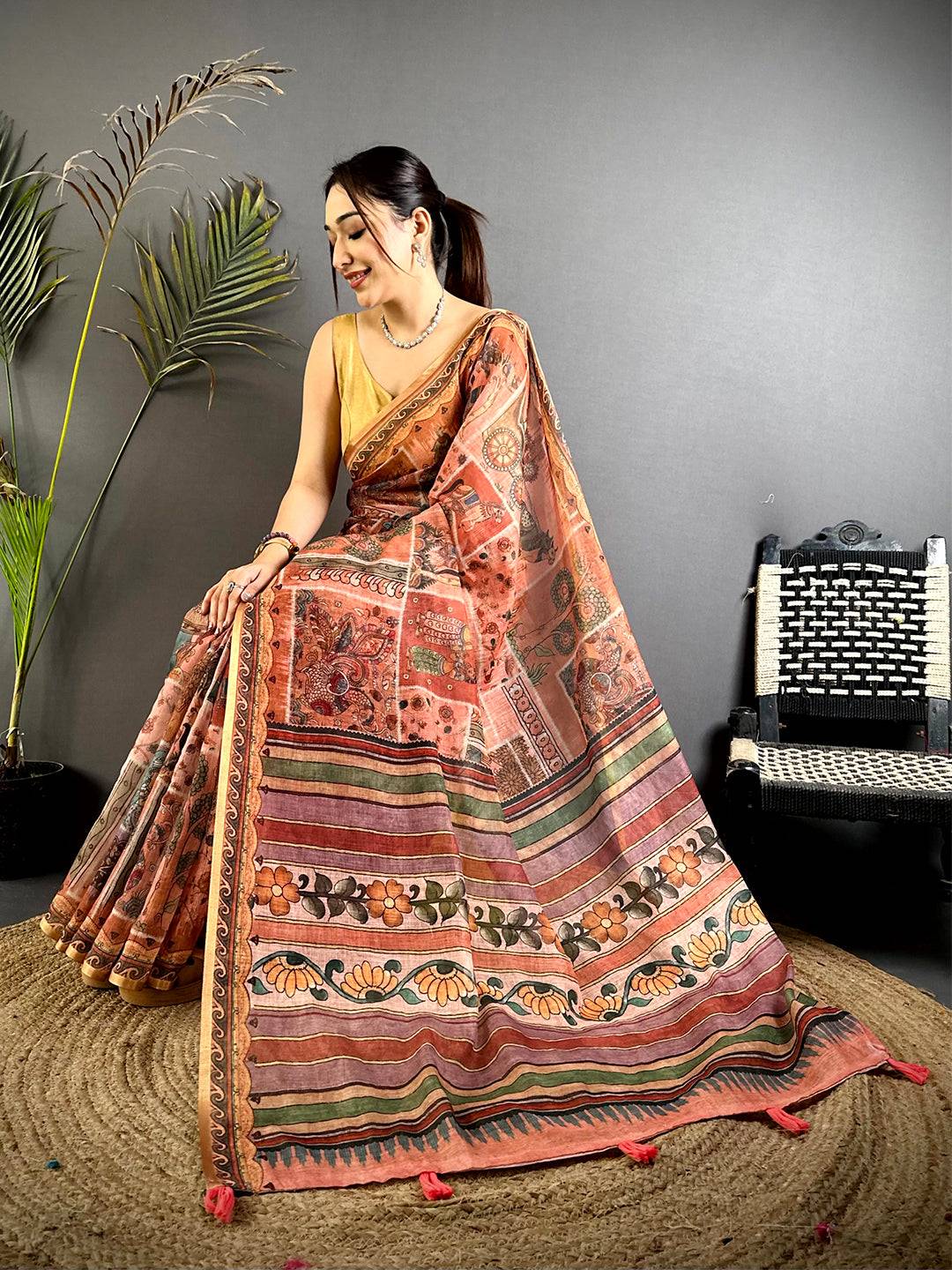 Classic Minakari Kalamkari Linen Saree