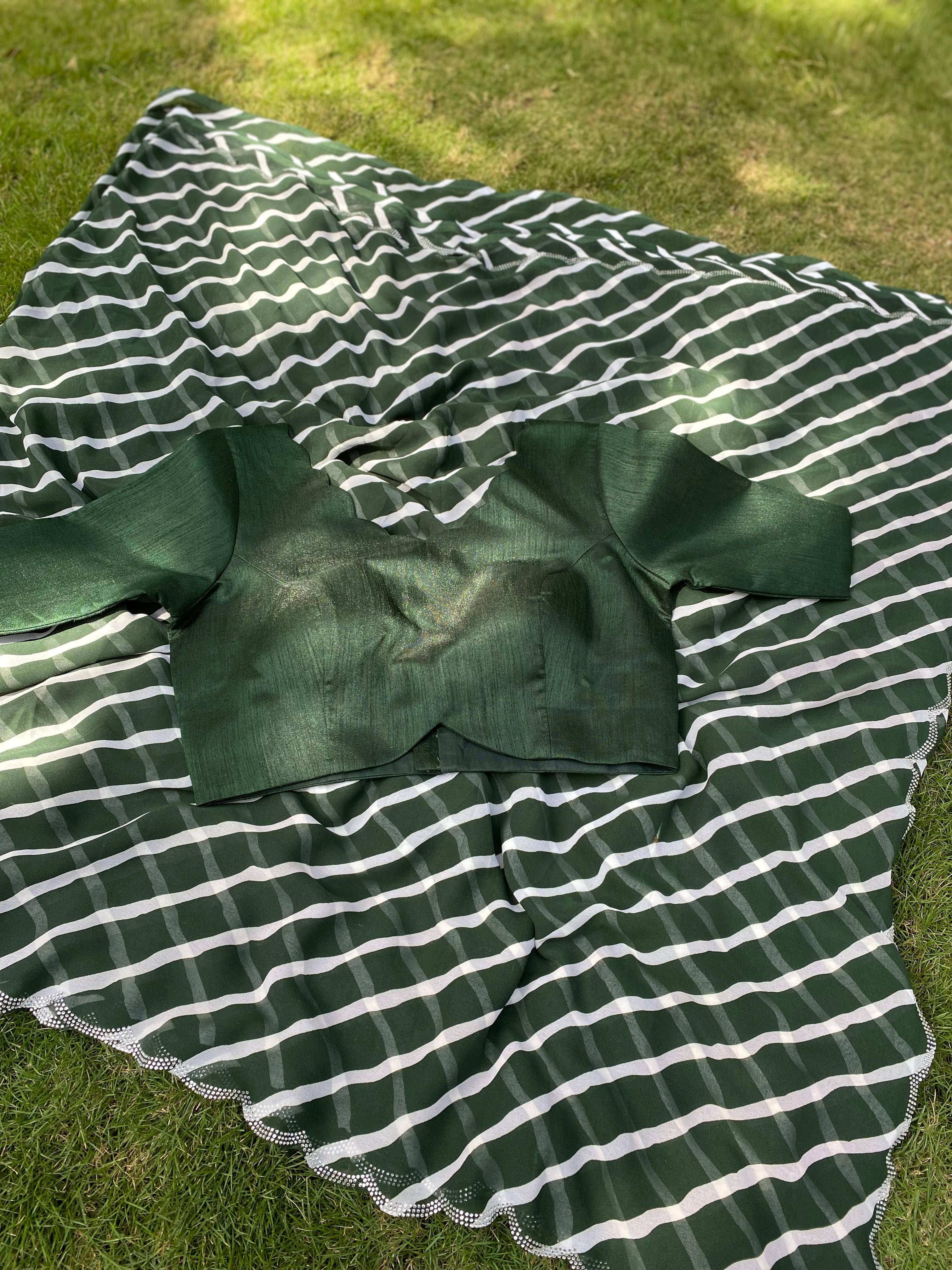 Pure Georgette Leheriya Print Swaroski Cut Work Border Saree