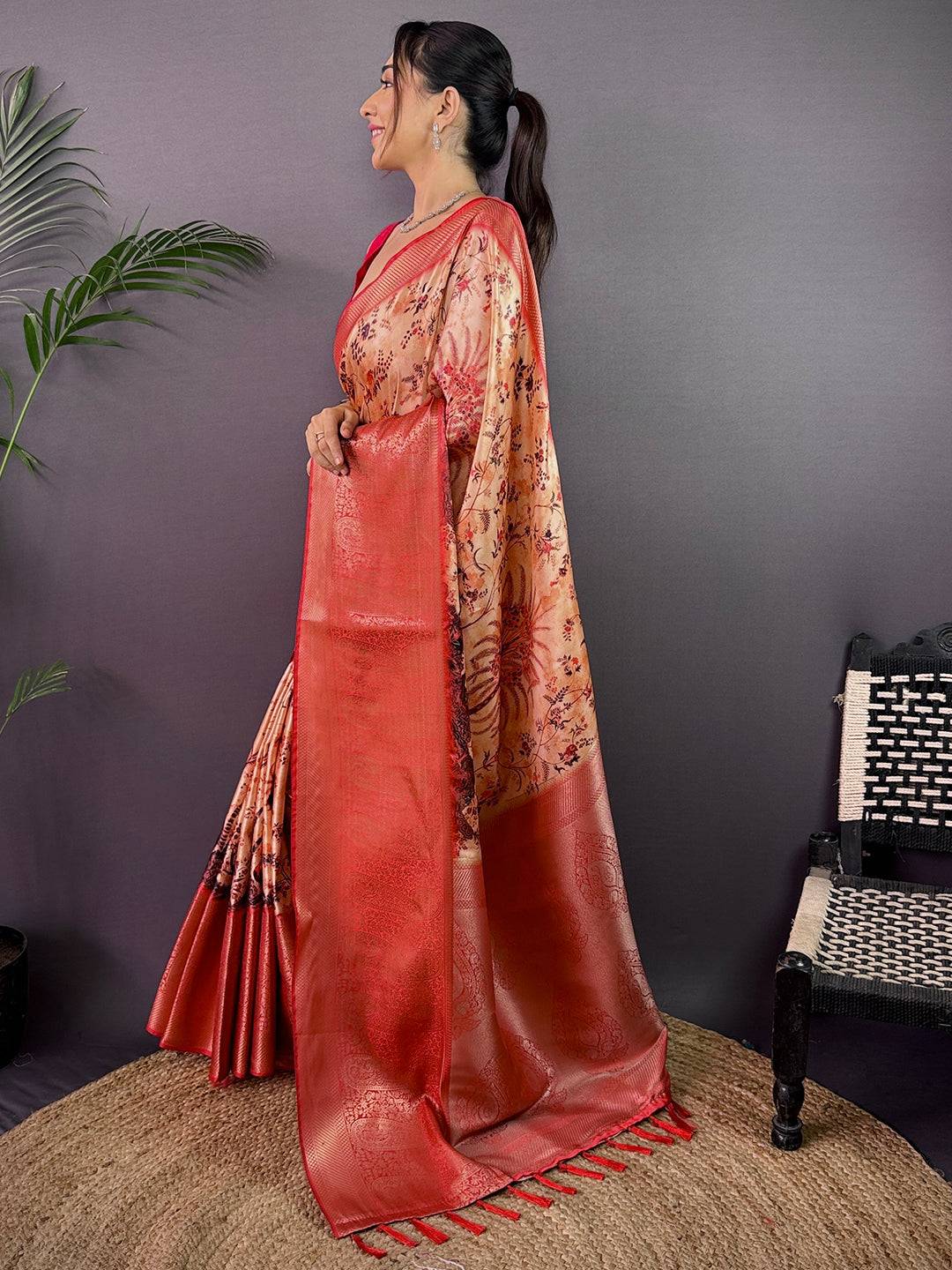 Peach Cherry Satin Kalamkari Saree