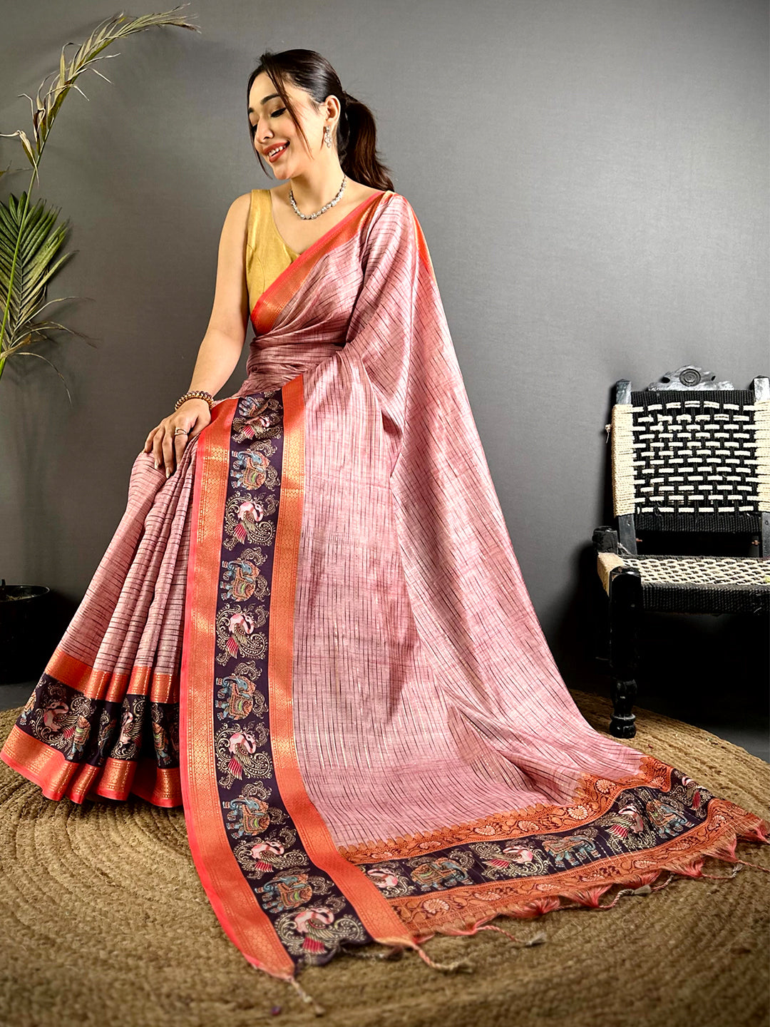 Blush Pink Tanjore Print Silk Saree