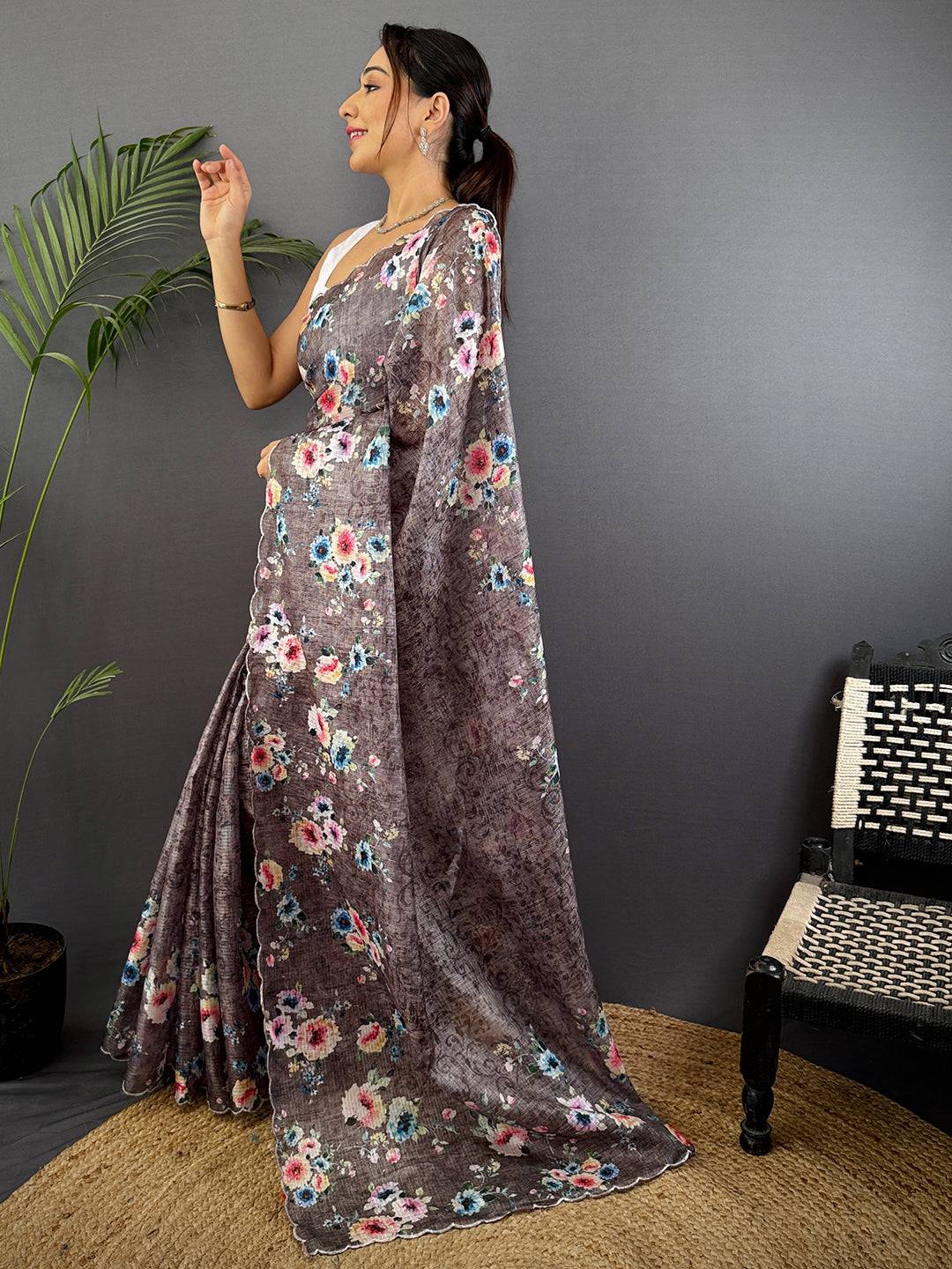 Charcoal Brown Kota Floral Digital Cut Work Saree