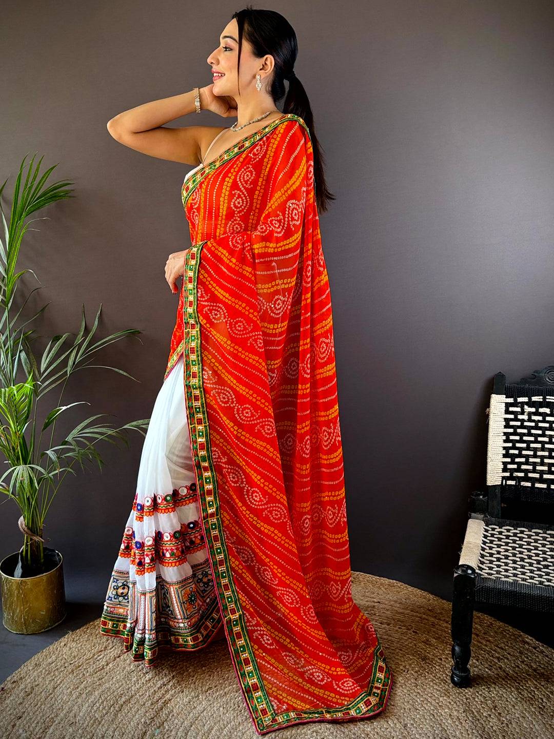 Orange Soft Georgette Katchi Embroidery Saree