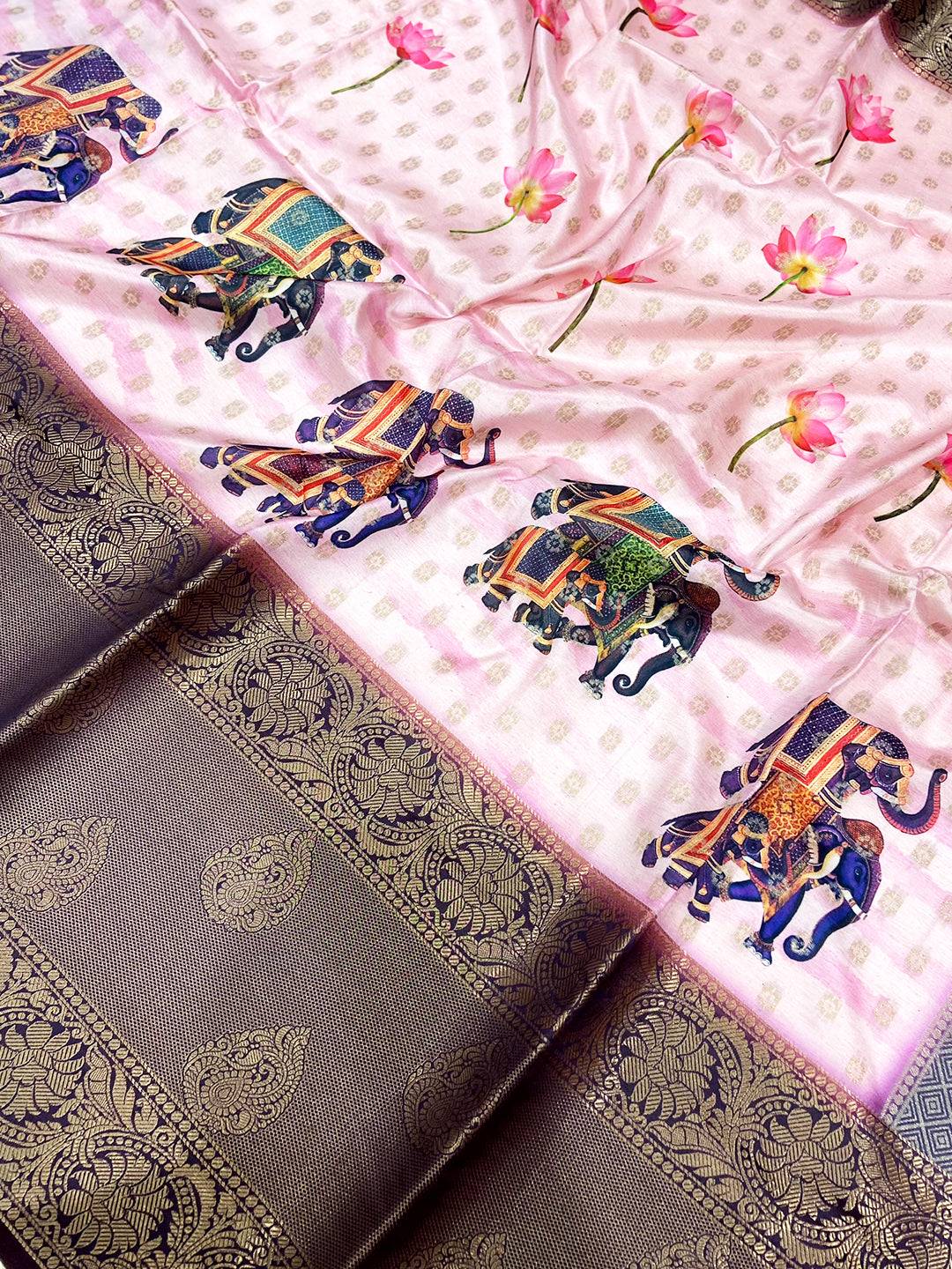 Pink Digital Elephant Motifs Banarasi Saree