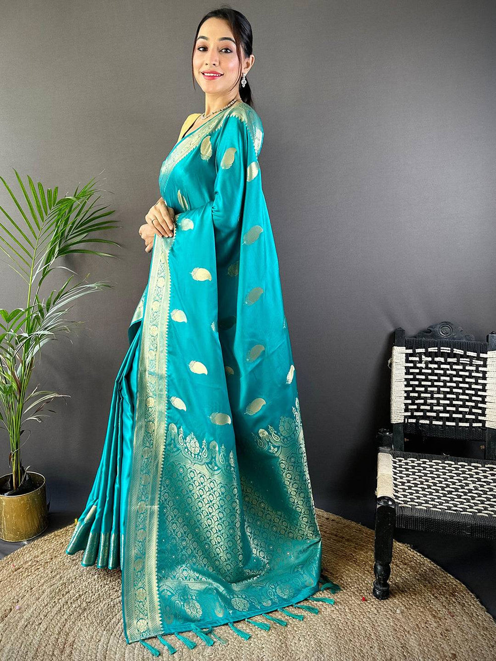 Aqua Banarasi Soft Satin Masru Mango Silk Saree