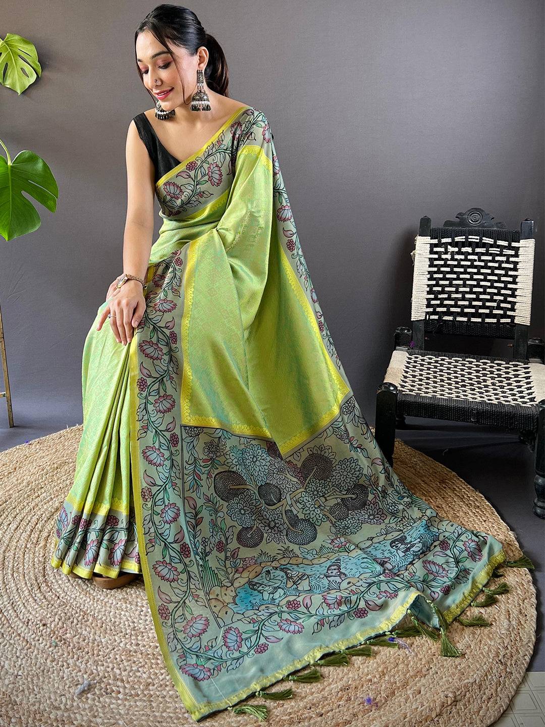 Lime Patola And Kalamkari Fusion Saree