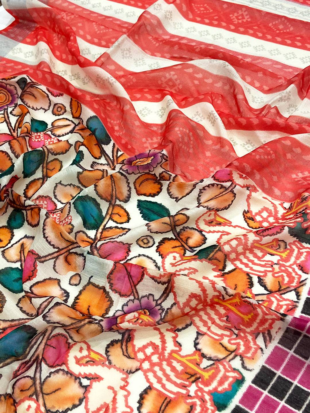 White Linen Floral Kalamkari Print Saree