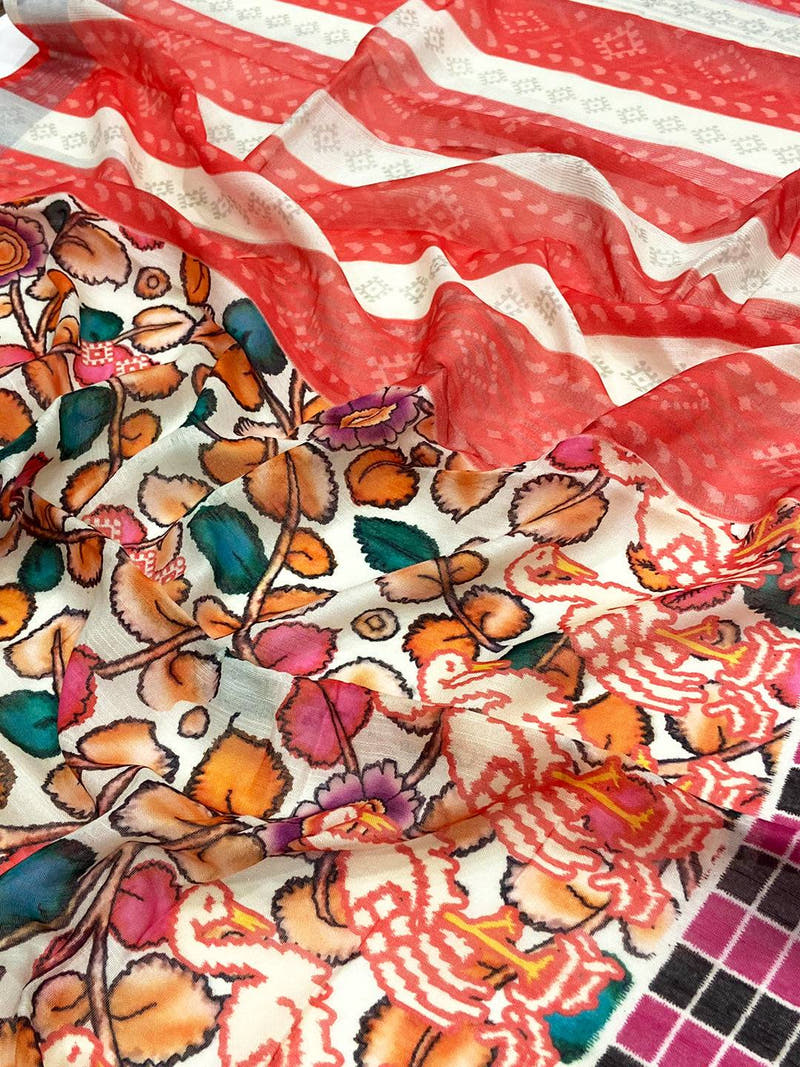 White Linen Floral Kalamkari Print Saree
