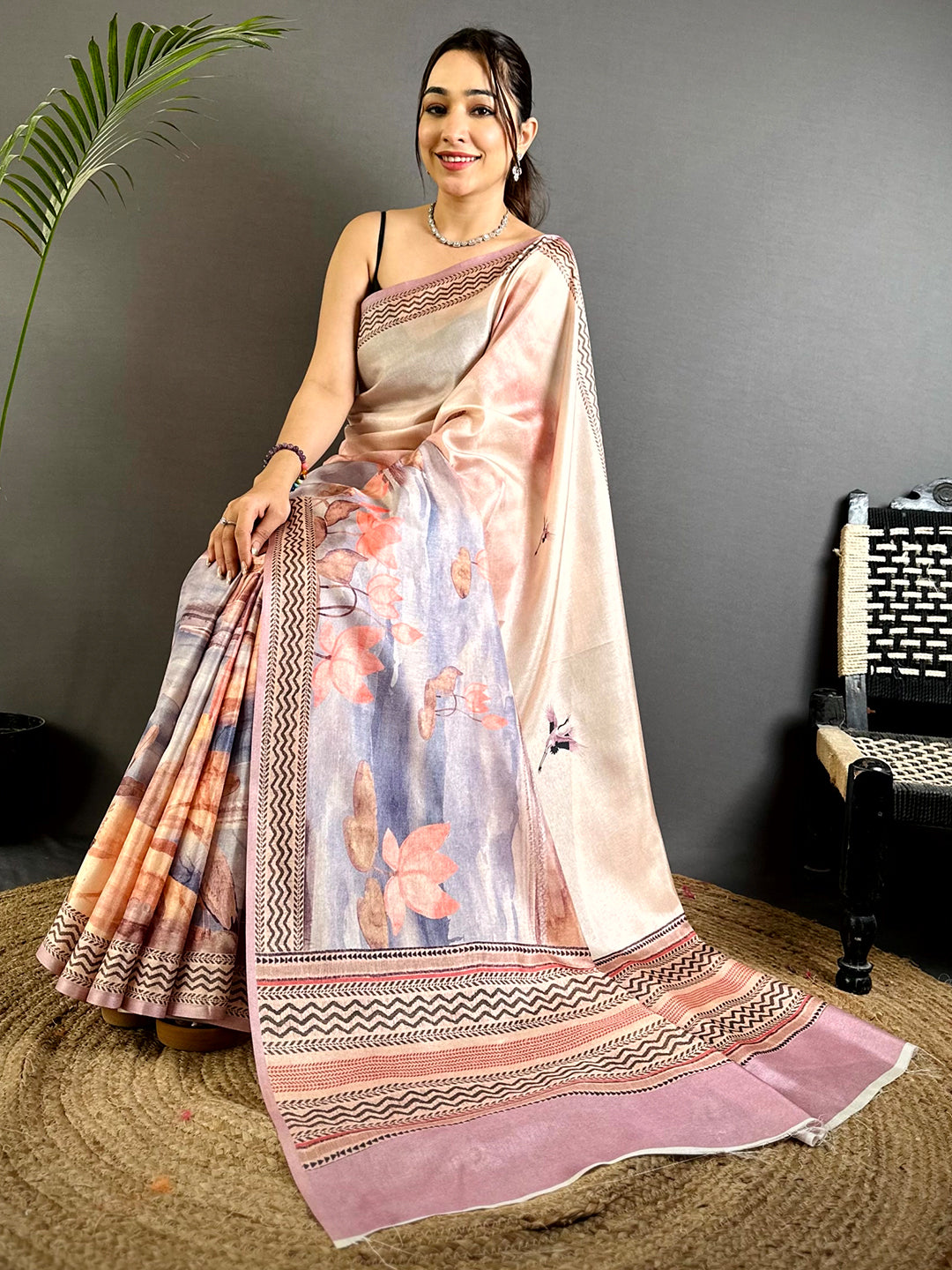 Artistic Water Theme Floral Tussar Saree