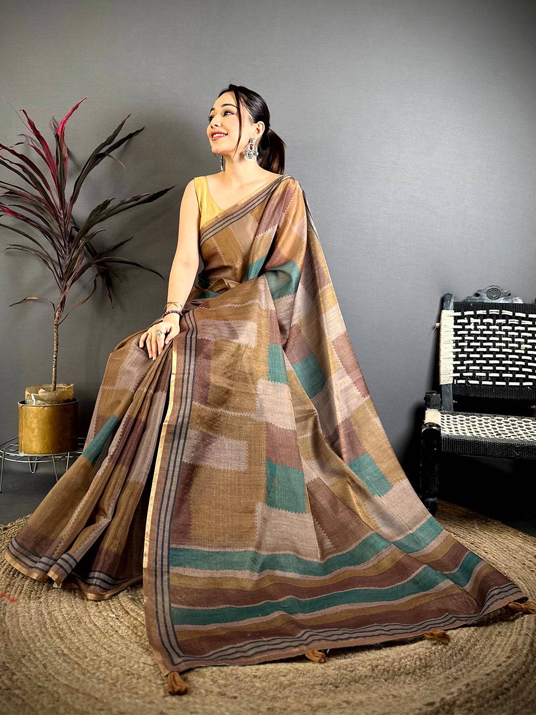 Opulent Geometric Linen Chanderi Saree