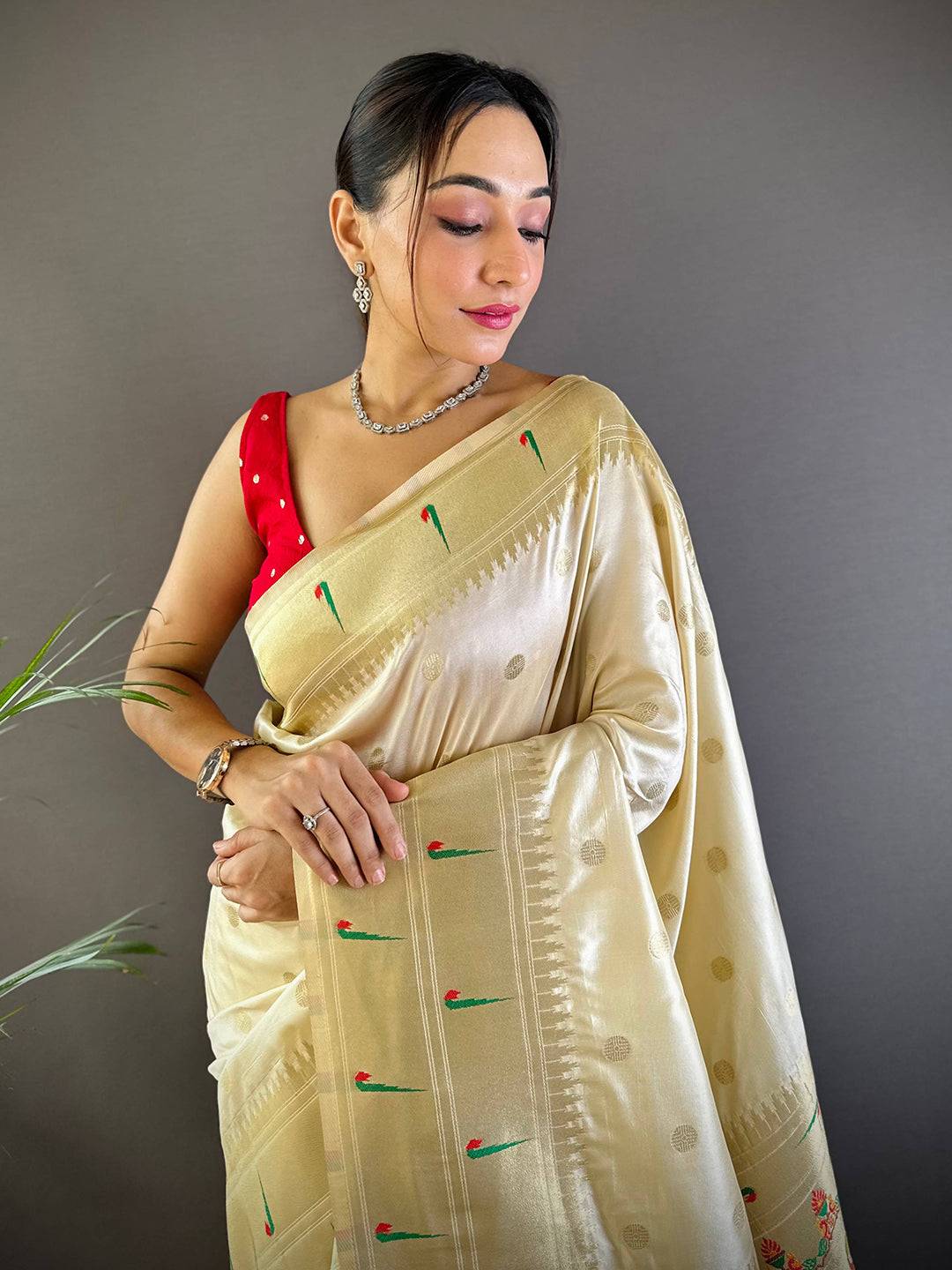 Elegant Majestic Rudraksh Paithani Silk Saree with red blouse