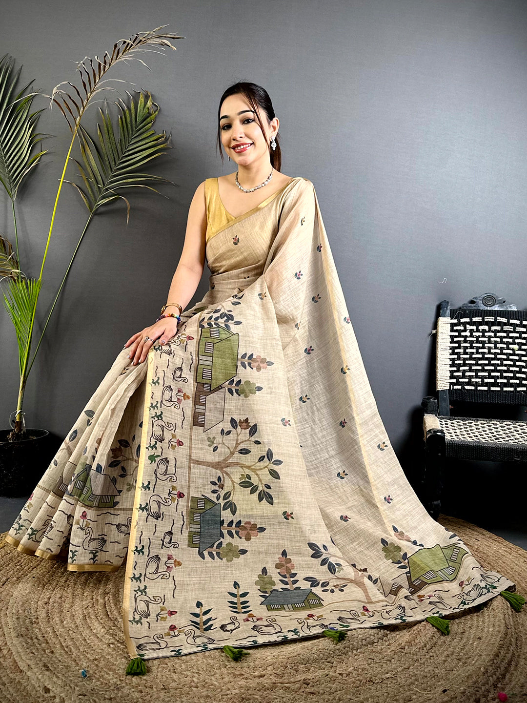 Beige Kalamkari Madhubani Print Saree