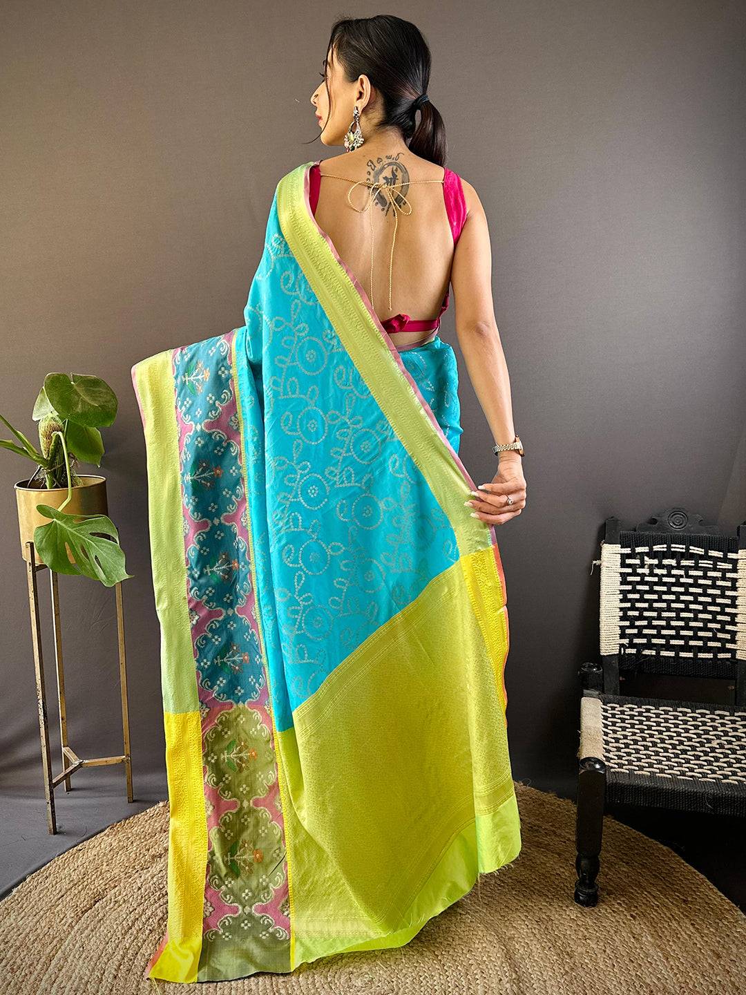 Sky Blue Katan Silk Ikkat Saree