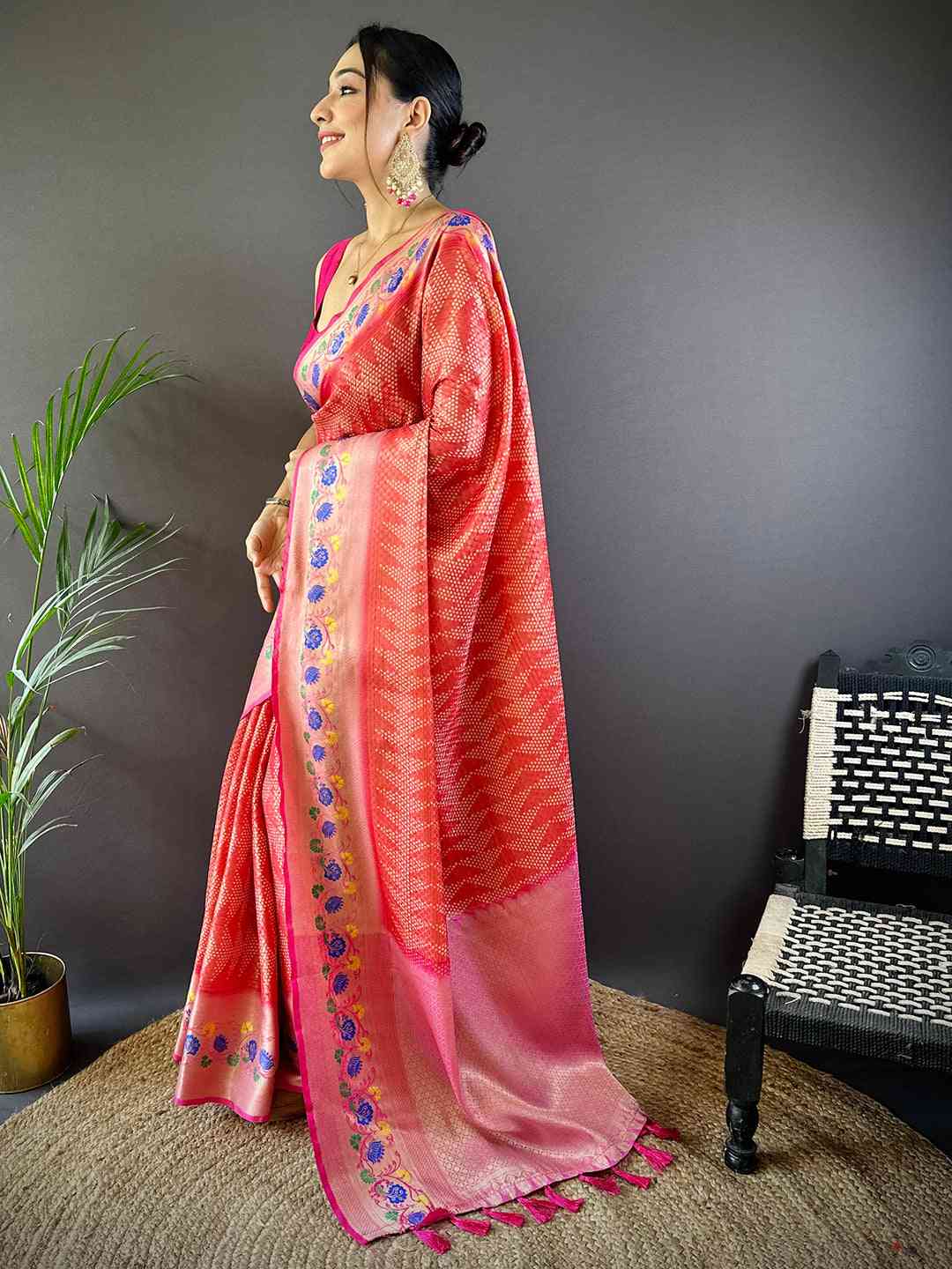 Kora Silk Banarasi Digital Print Saree In Pink Colour