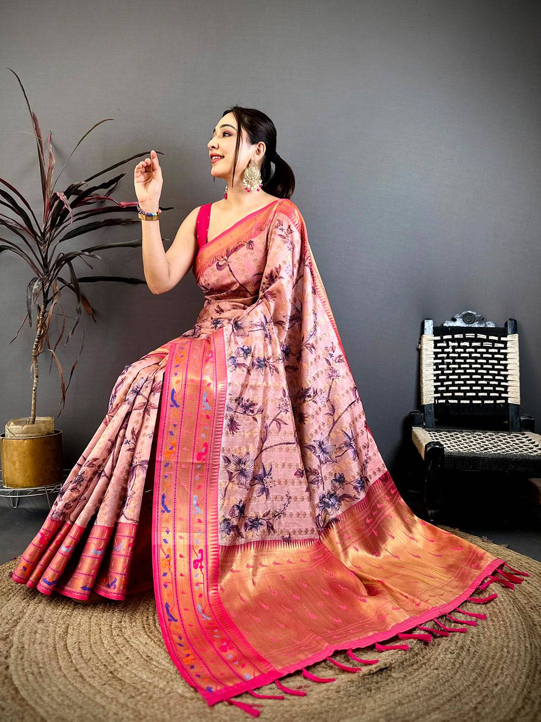 Dark Peach Paithani Border Kora Tissue Saree