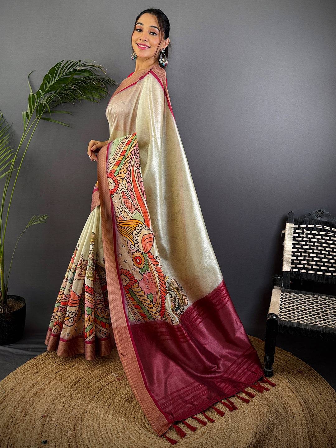 Pista Tussar Silk Kalamkari Print Saree