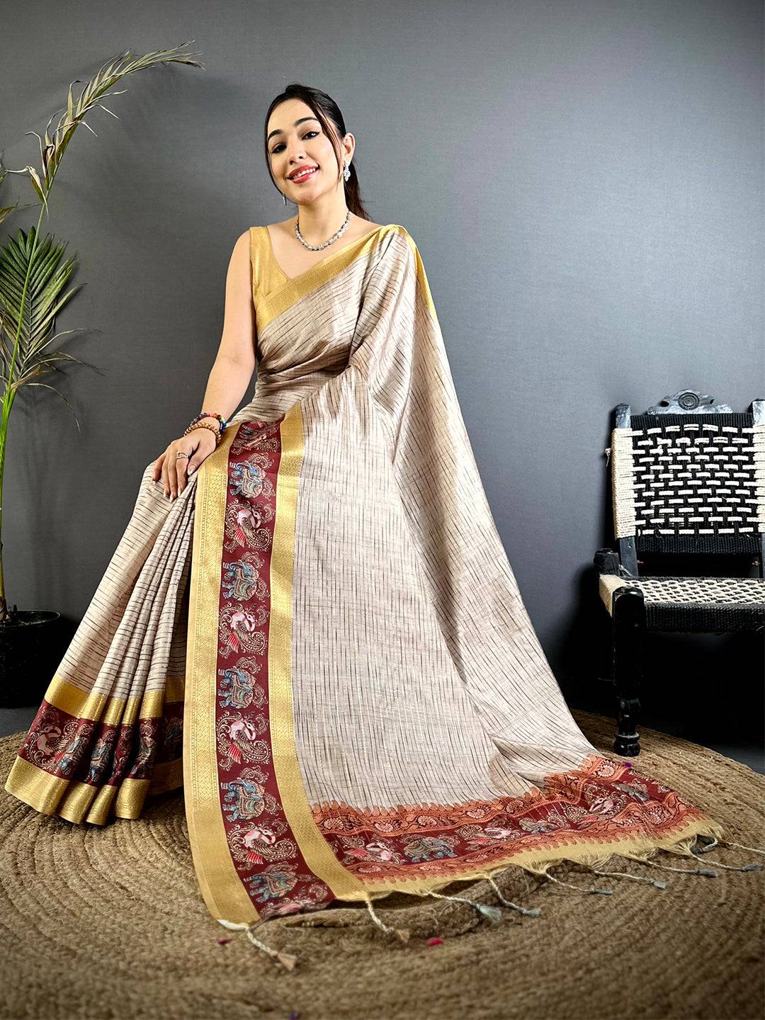 Champagne Beige Tanjore Print Silk Saree