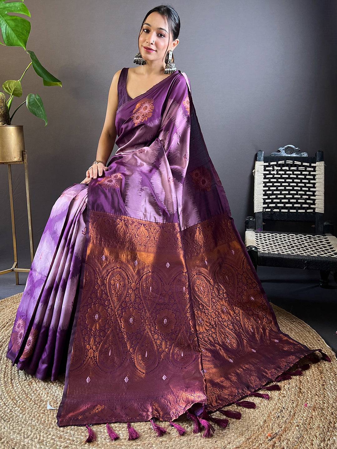 Lavender Tussar Silk Saree draped elegantly with Ikkat details