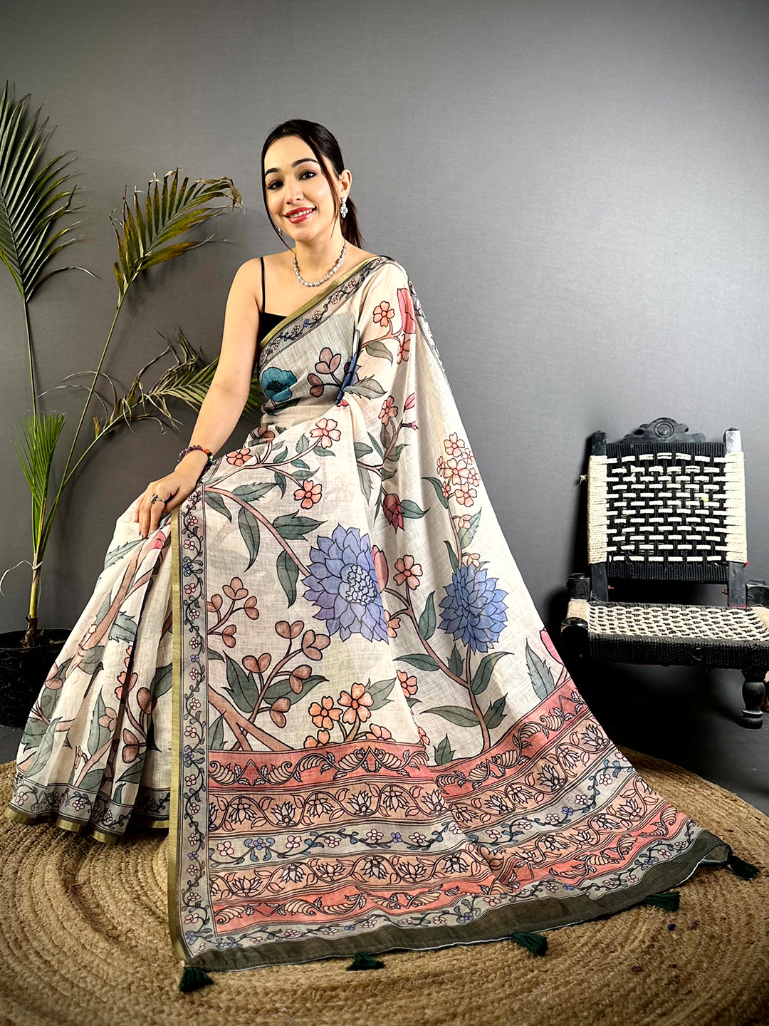Ivory Floral Soft Linen Summer Saree