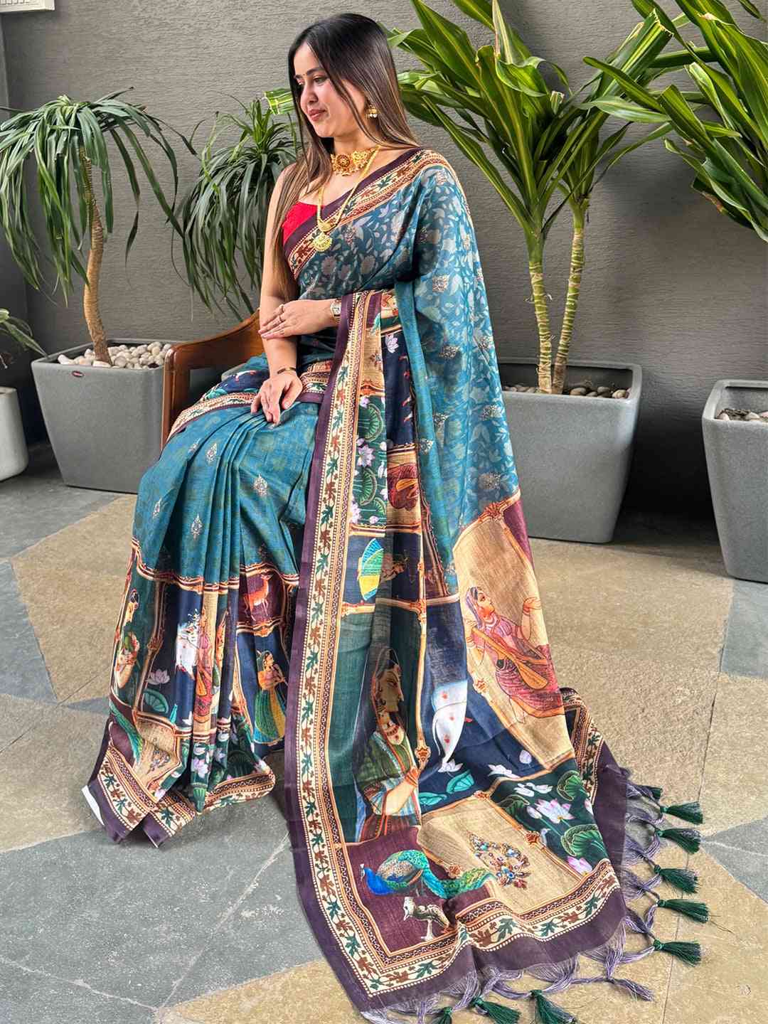 Beautiful Firozi linen saree with digital artwork