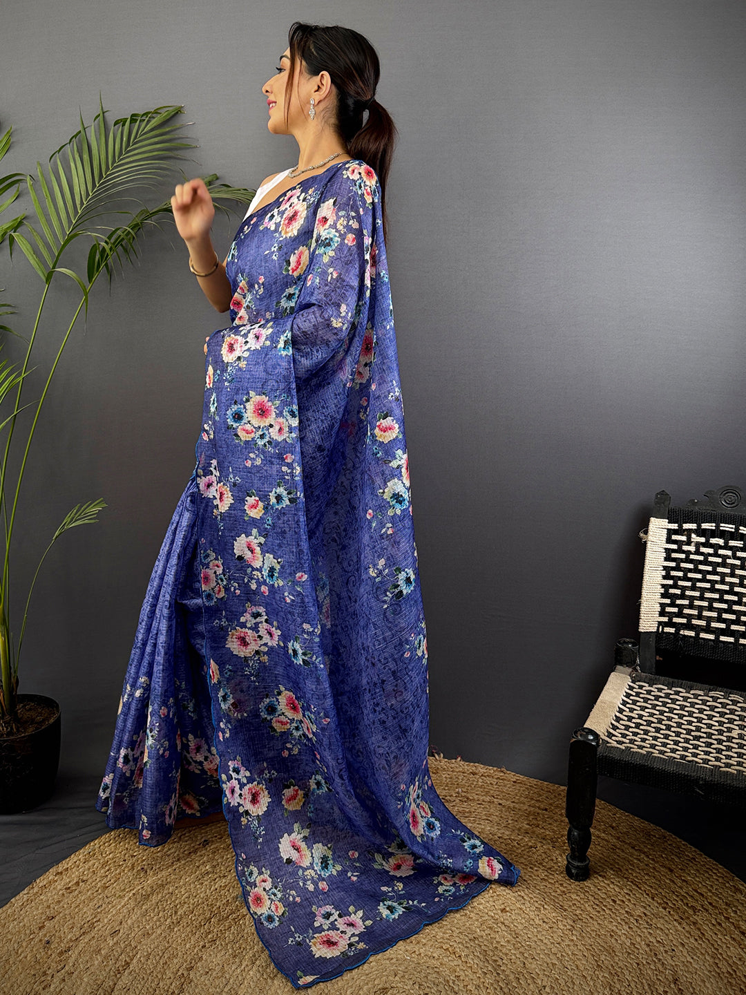 Royal Blue Kota Floral Digital Cut Work Saree
