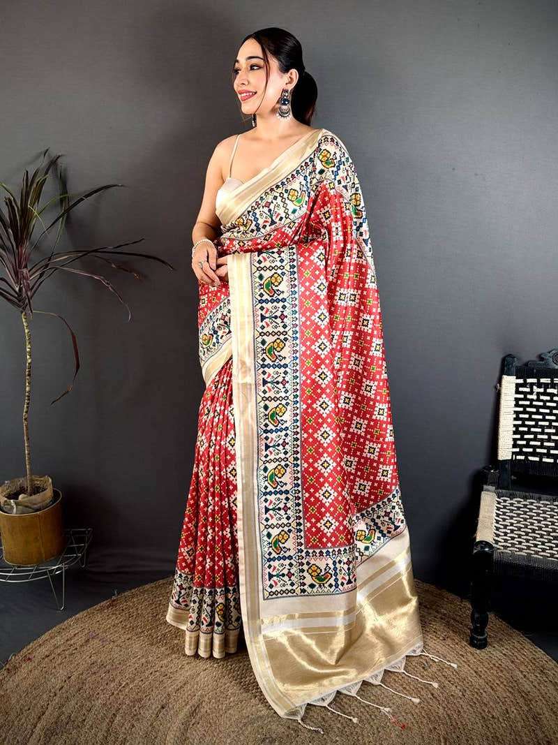 Ivory Red Allover Patola Kanchi Saree