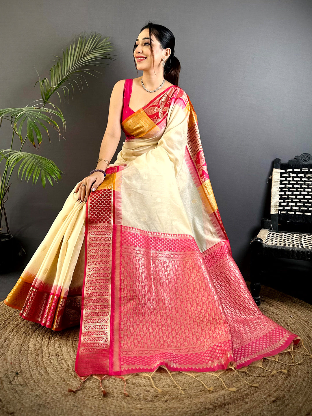 Off White Soft Mull Kanchi Pattu Saree