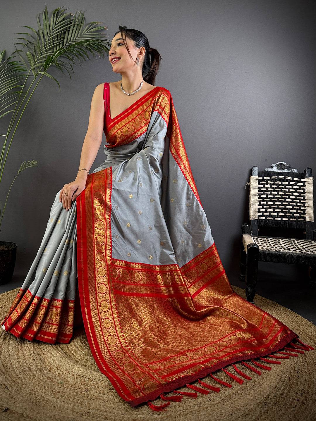 Regal Grey Gold Zari Butta Saree
