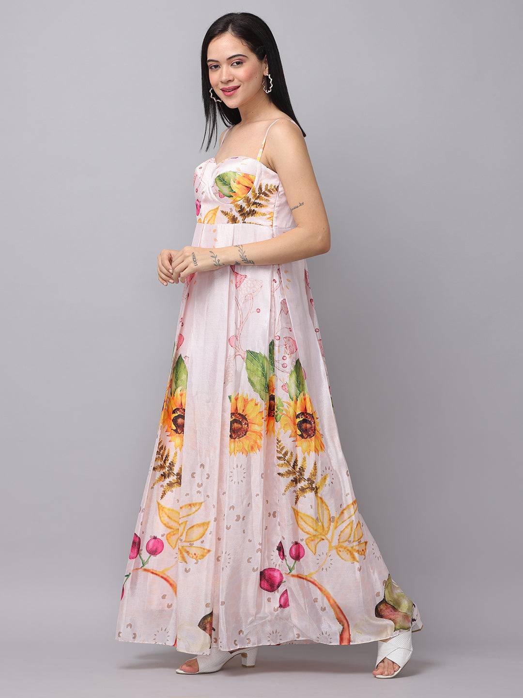 Side view of floral chiffon dress with sweetheart neckline