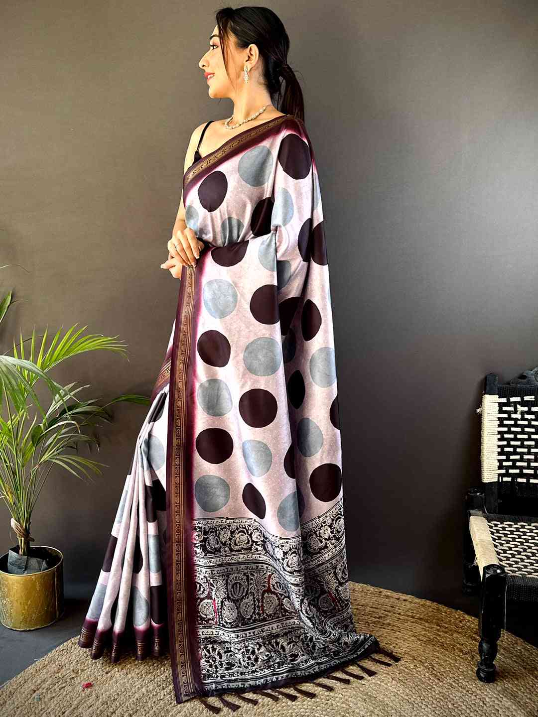 Lavender Soft Silk Polka Dot Print Saree