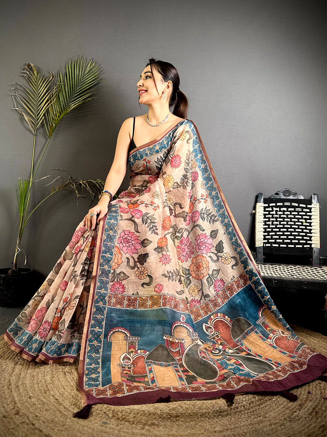 Opulent Floral Kalamkari Soft Linen Saree