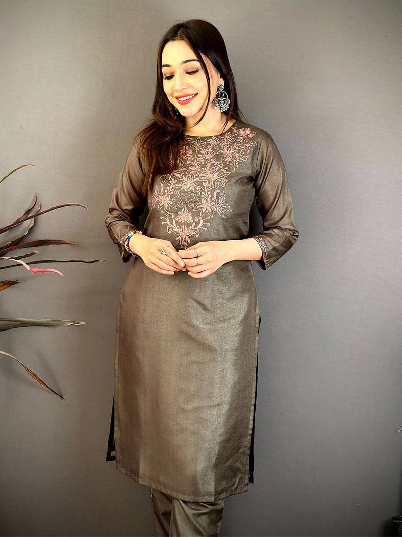 Dark Olive Ari Work Cotton Zari Kurti