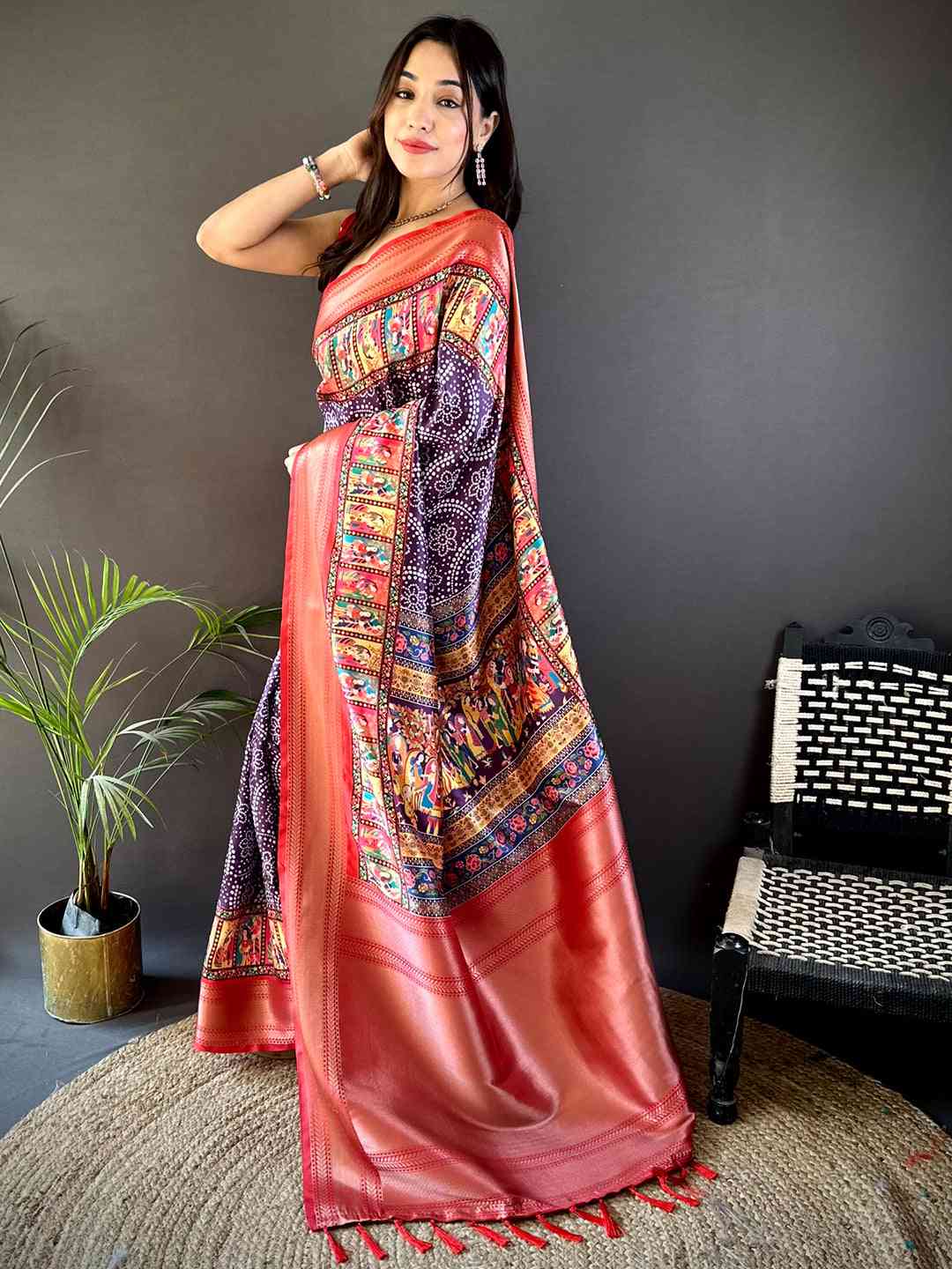 Purple Mughal Kalamkari Print Pashmina Saree