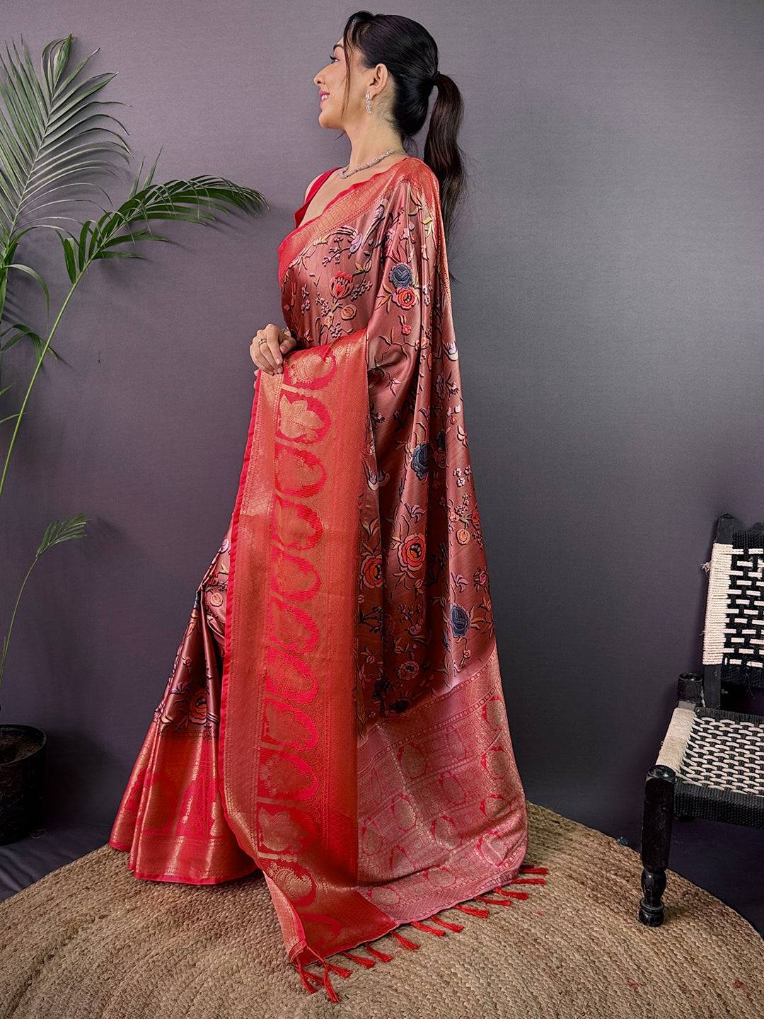 Ethereal Soft Cherry Satin Kalamkari Print Saree