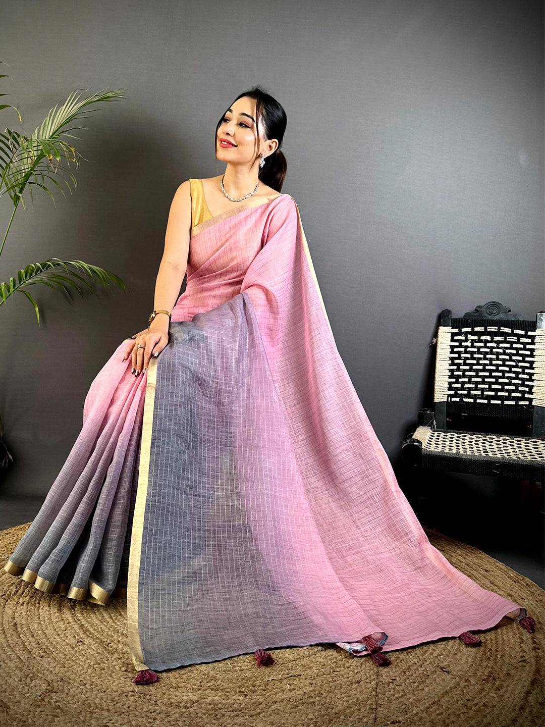 Majestic Linen 90 Zari Check Saree