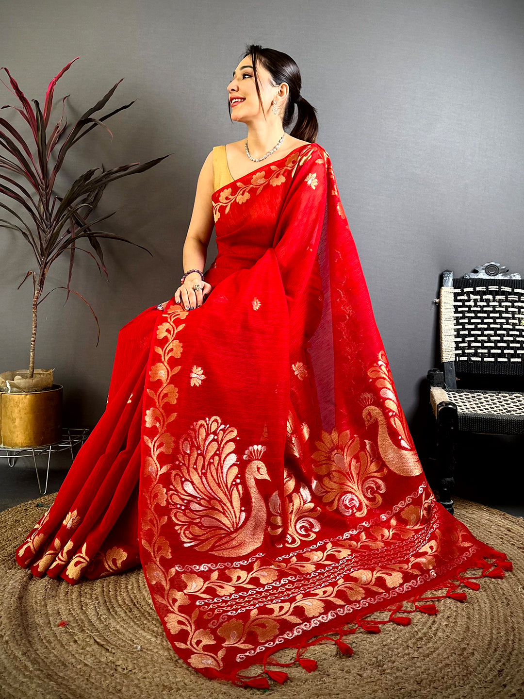 Red Peacock Zari Munga Saree