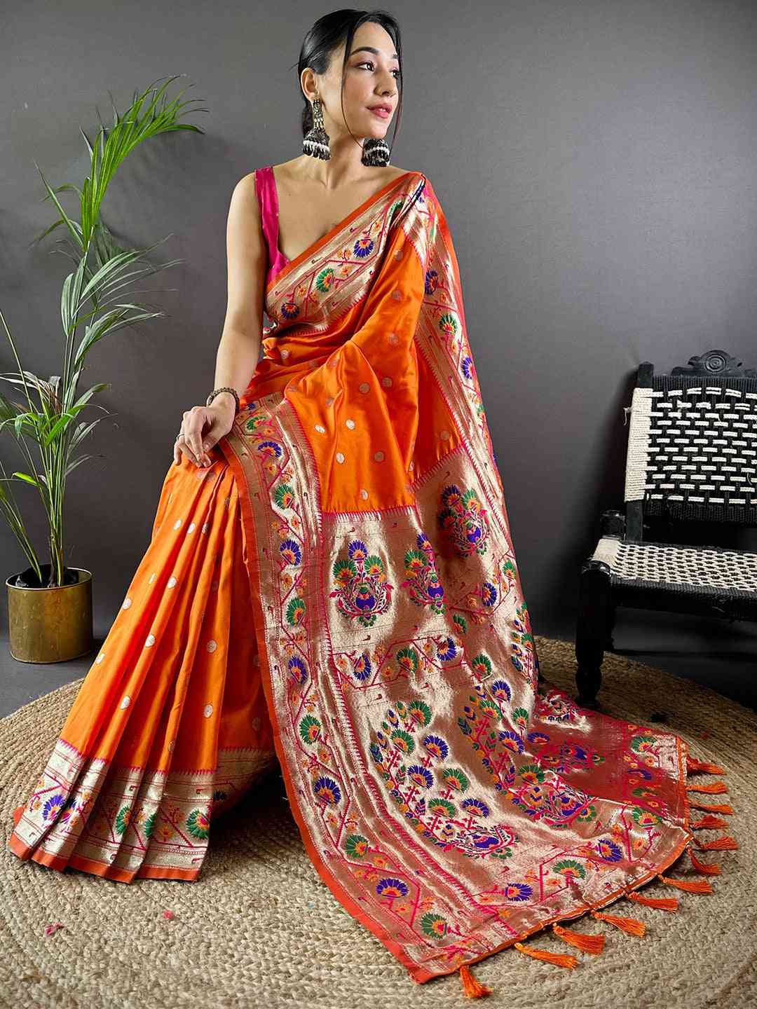 Orange Colour Yevla Paithani Soft Silk Saree