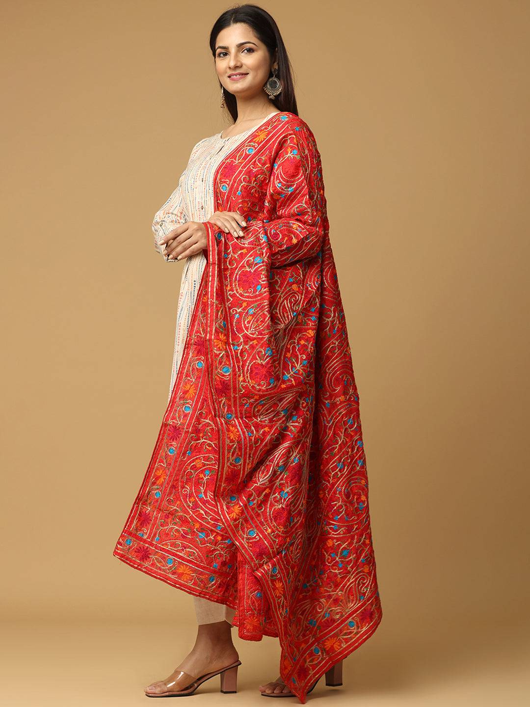 Red poly chiffon dupatta with pashmina threadwork, side view
