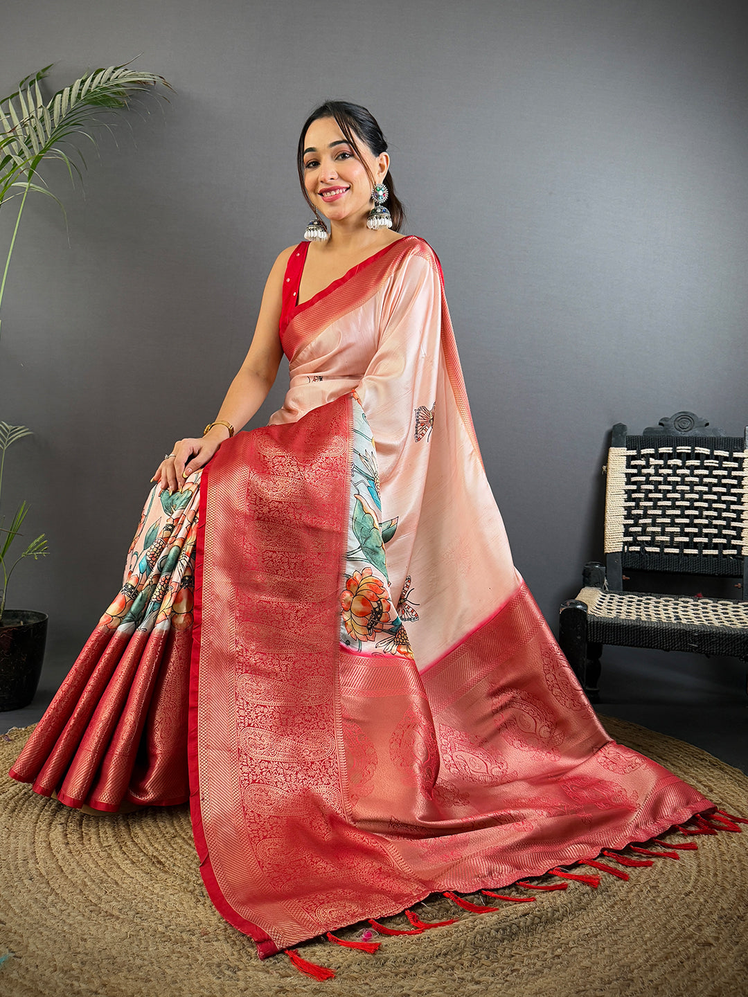 Artful Cherry Satin Kalamkari Printed Saree