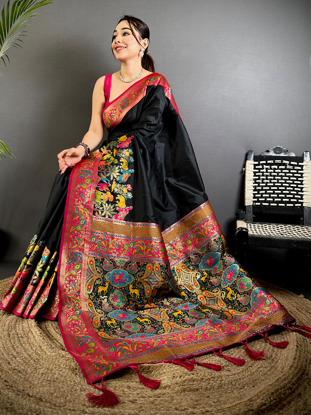 Black Soft Semi Silk Minakari Weave Saree